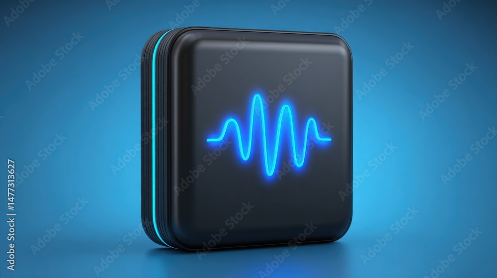 Poster black square button emitting blue light representing adaptive signal modulator for real-time communi