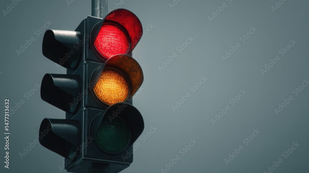 Poster red traffic light illuminating urban intersection with focus on adaptive signal modulator for real-t