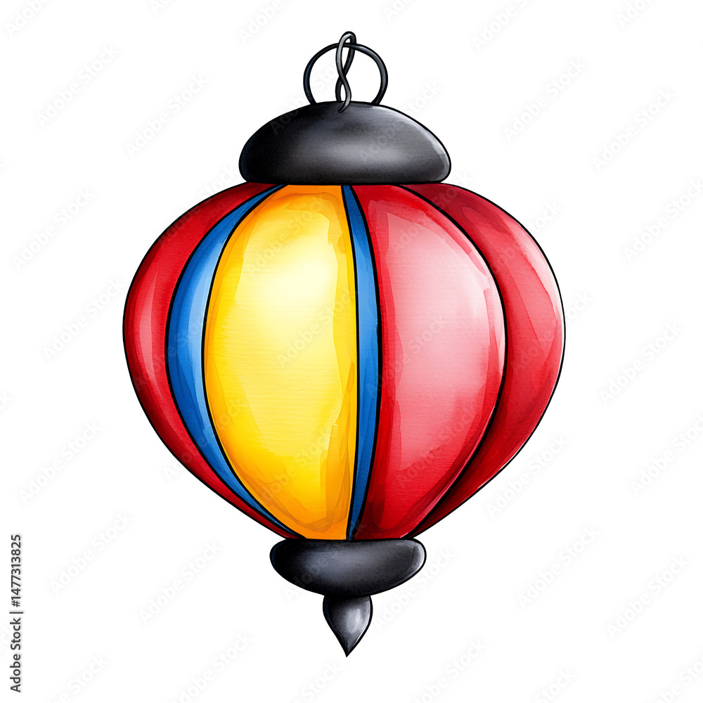 Poster watercolor painting of a red, yellow, and blue striped lantern with black accents. the lantern is ro