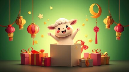 Naklejka premium A charming illustration features a cheerful lamb emerging from a gift box, festive and joyful.