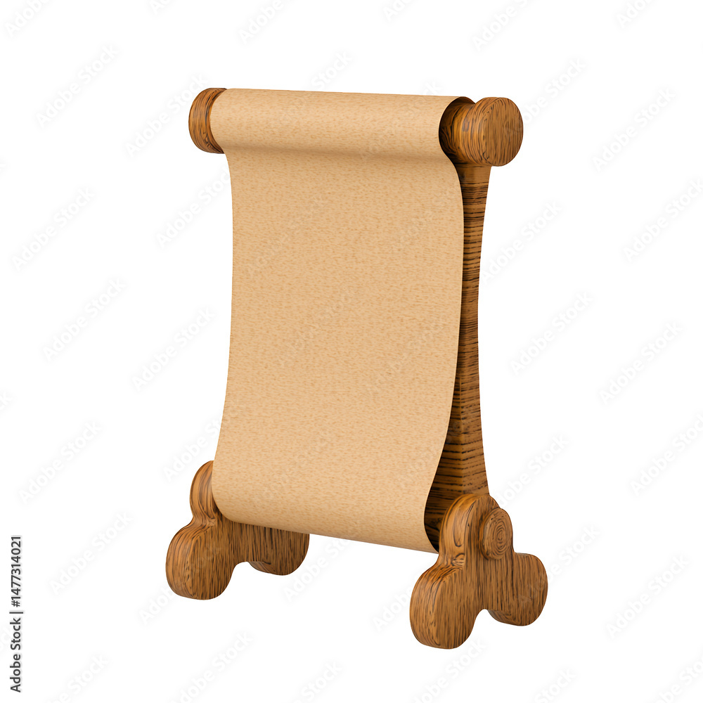 Aufkleber tan parchment scroll displayed on a dark brown wooden stand against a transparent background. the im