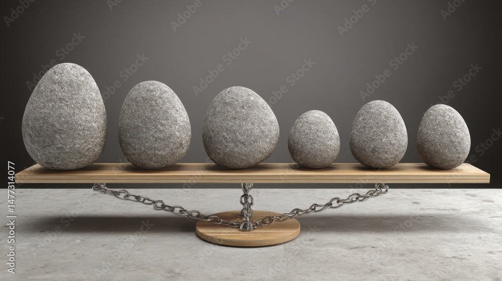 Poster ai-balanced return stream icon concept featuring a scale weighing multiple rocks representing income
