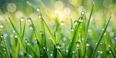 Vibrant Green Blades of Grass Adorned with Sparkling Morning Dew Drops Reflecting Sunlight