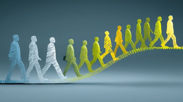 Ai-augmented labor migration visualizer icon concept depicting a diverse group of people walking together in unity