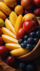 Fresh ripe fruits and vegetables like red apples, green grapes, yellow bananas, and juicy citrus are healthy isolated food
