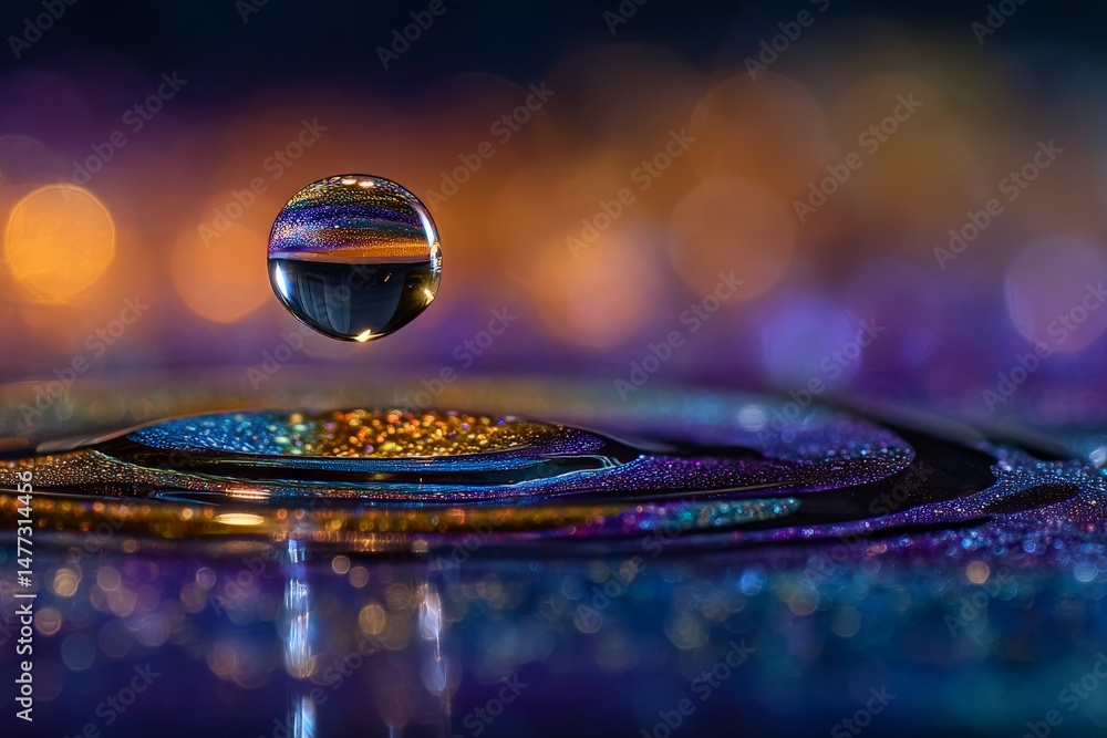 Aufkleber colorful water droplet creates ripples on a reflective surface with a blurred background of vibrant 