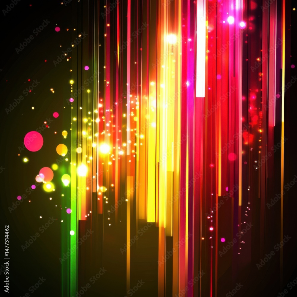 Poster abstract colorful light streaks and bokeh effect against dark background bright vertical lines and c