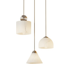 Three white light bulbs hanging from a ceiling