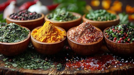 Fototapeta premium Aromatic Spice Collection in Rustic Bowls, Vibrant Culinary Herbs and Spices, Flavorful Seasoning Blend