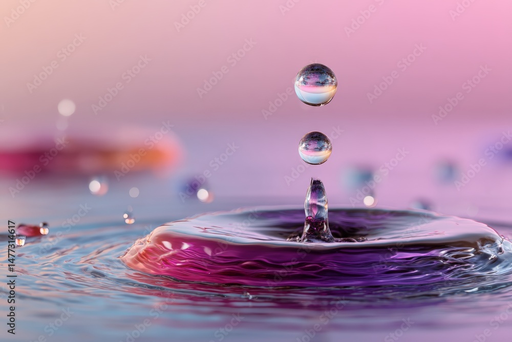 Poster vibrant water droplets create ripples on a colorful surface during a serene moment