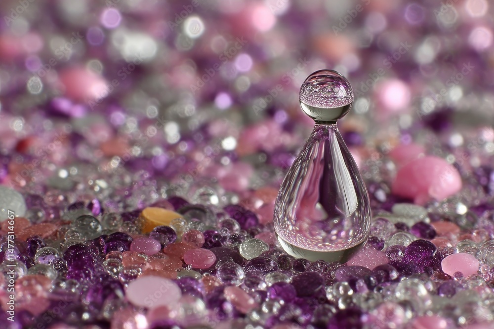 Poster detailed glass figurine resting on colorful gems in a soft-focus setting, showcasing intricate refle