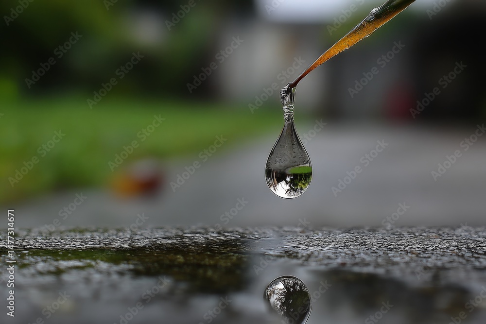 Poster water droplet hangs from a twig reflecting greenery in a garden after rain during a peaceful afterno