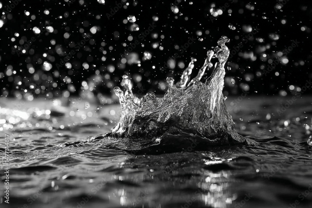 Poster water splashing in a serene black and white setting capturing the beauty of nature and movement at d