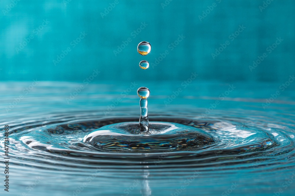 Aufkleber water droplet creates ripples on the surface as it falls into a calm pool of blue liquid
