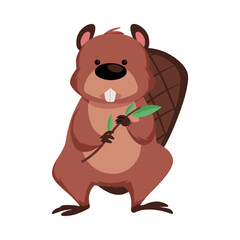 Cute beaver holding tree twig vector flat illustration, cartoon brown wild rodent animal with large flat tail
