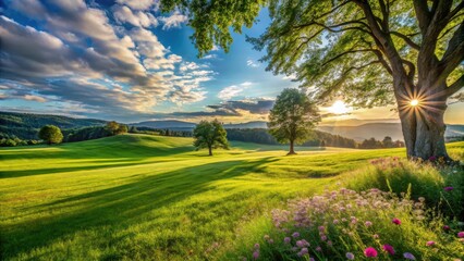 Serene Sunset Over Rolling Green Meadows, Majestic Trees Silhouetted Against a Vibrant Sky, Wildflowers Blooming in the Foreground