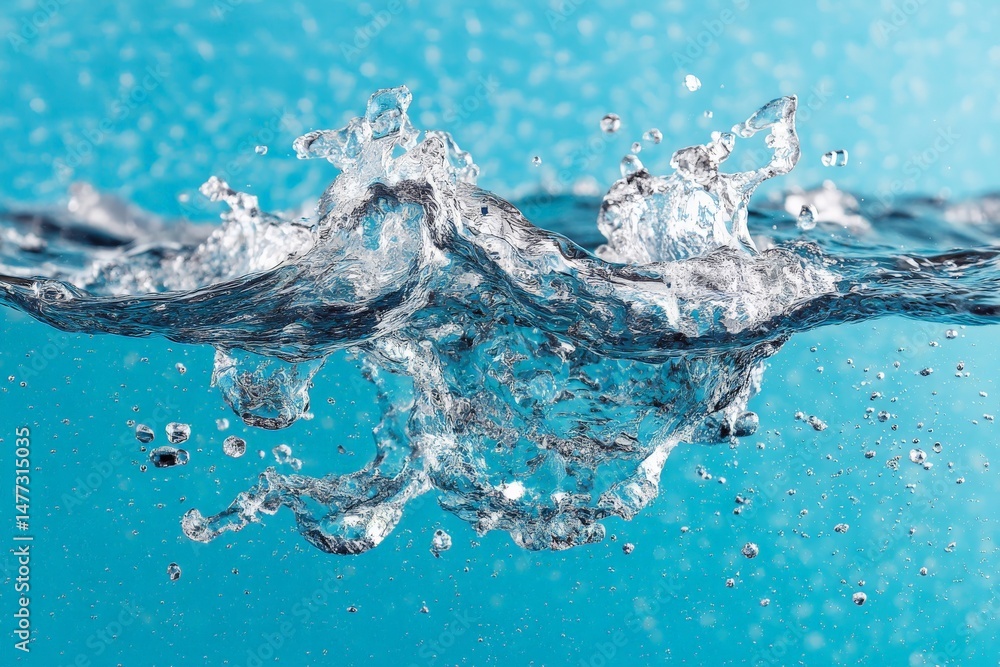 Poster Water splashes create dynamic patterns in a blue aquatic environment under bright lighting conditions