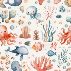Naklejka premium seamless pattern of cute cartoon fish, jellyfish, starfish, and sea plants, bright pastel colors, underwater world theme