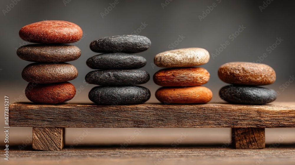 Poster a rustic pile of rocks resting on a wooden bench representing themes of fiscal rebalancing and budge
