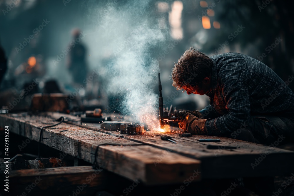 Poster craftsman works diligently at a rustic workshop, creating metal tools in a smoky environment filled 