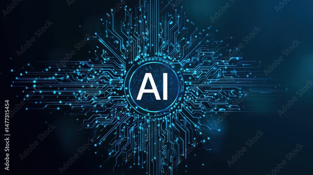 Poster circuit board with blue background representing advanced technology and smart investment strategies 