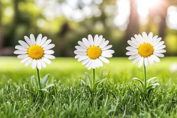 Tranquil Glade with Daisies Bathed in Sunlight, Surrounded by Lush Green Grass and Nature