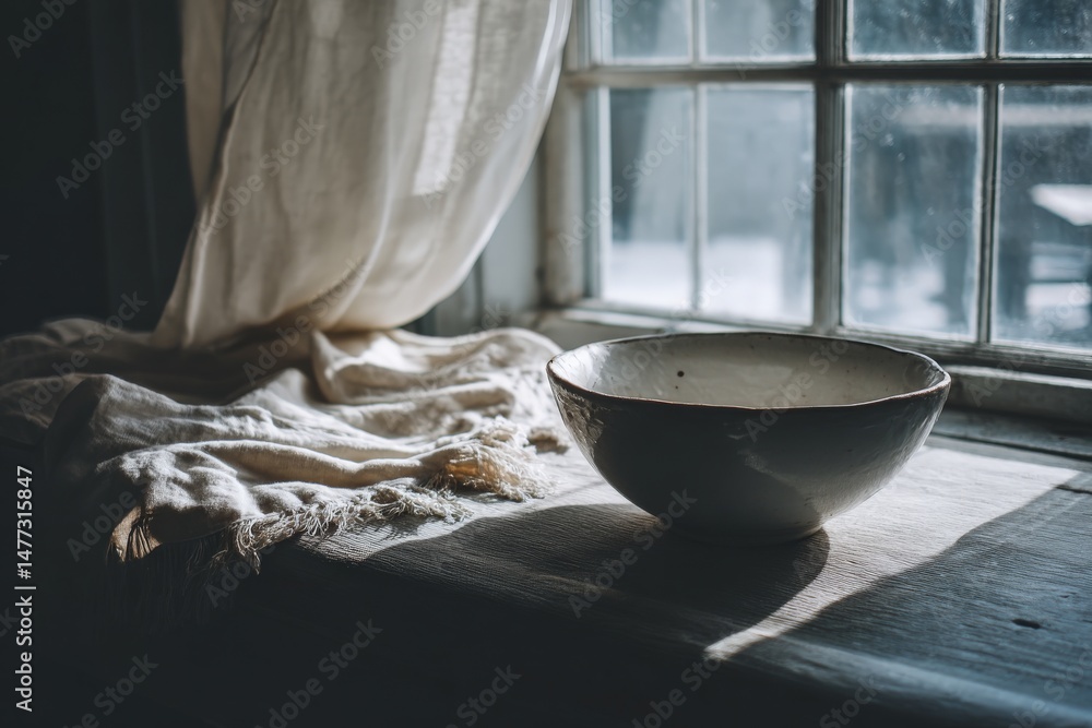 Poster bowl resting on a windowsill with sunlight streaming in during a quiet morning