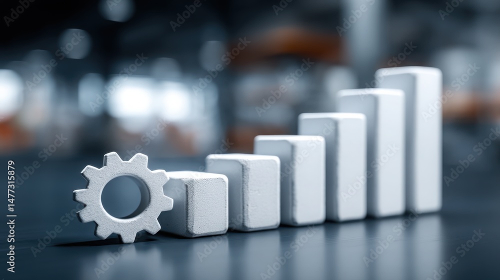 Poster white block with gear wheel on top symbolizing mechanism and functionality in economic transition pr