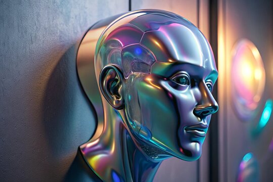 Abstract 3D render illustration of holographic human face in the wall, robotic head made of glossy iridescent material. Artificial intelligence&nbsp;concept.