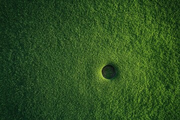 A perfectly circular hole in a vibrant green field of grass.  Detailed close-up view of the putting green