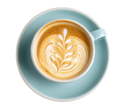 Beautiful coffee cup with latte art served in a stylish saucer on a transparent background, cut out