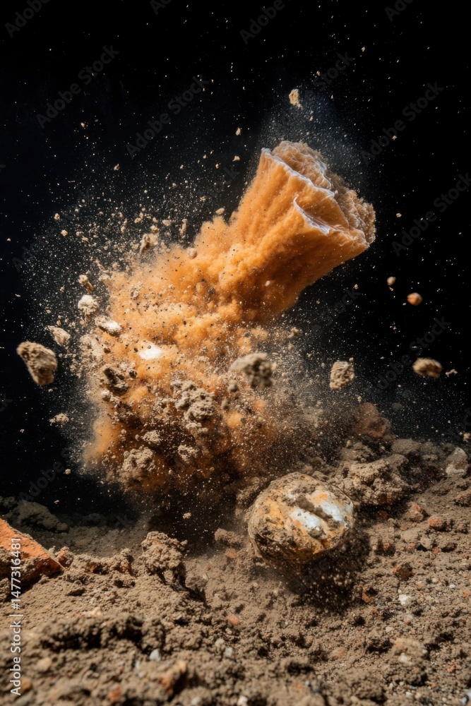 Poster dramatic high speed shot of exploding object with debris and dust against black background studio st