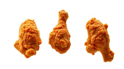 Three pieces of crispy, golden fried chicken stand isolated on a pristine white background.