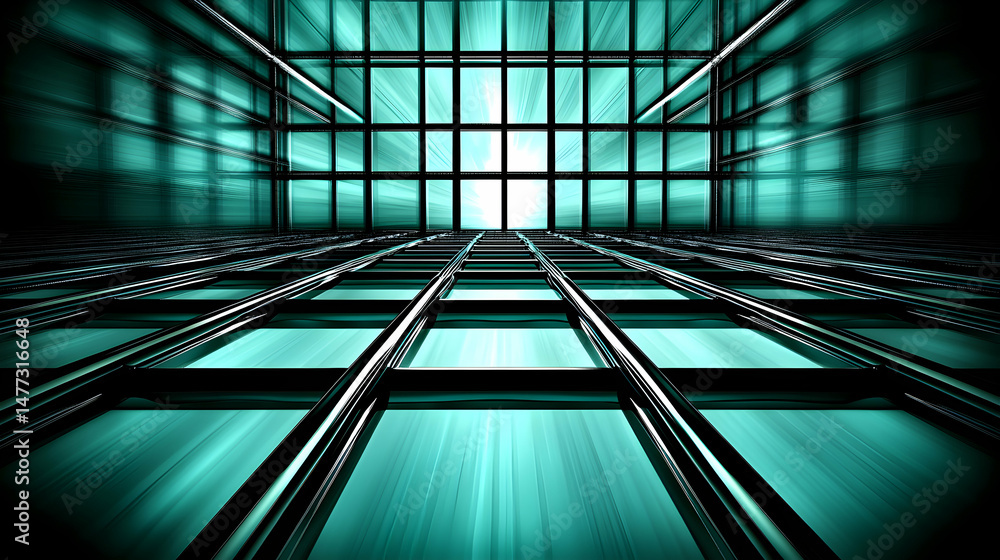 Poster abstract teal grid structure with glowing light, futuristic architecture, perspective view.