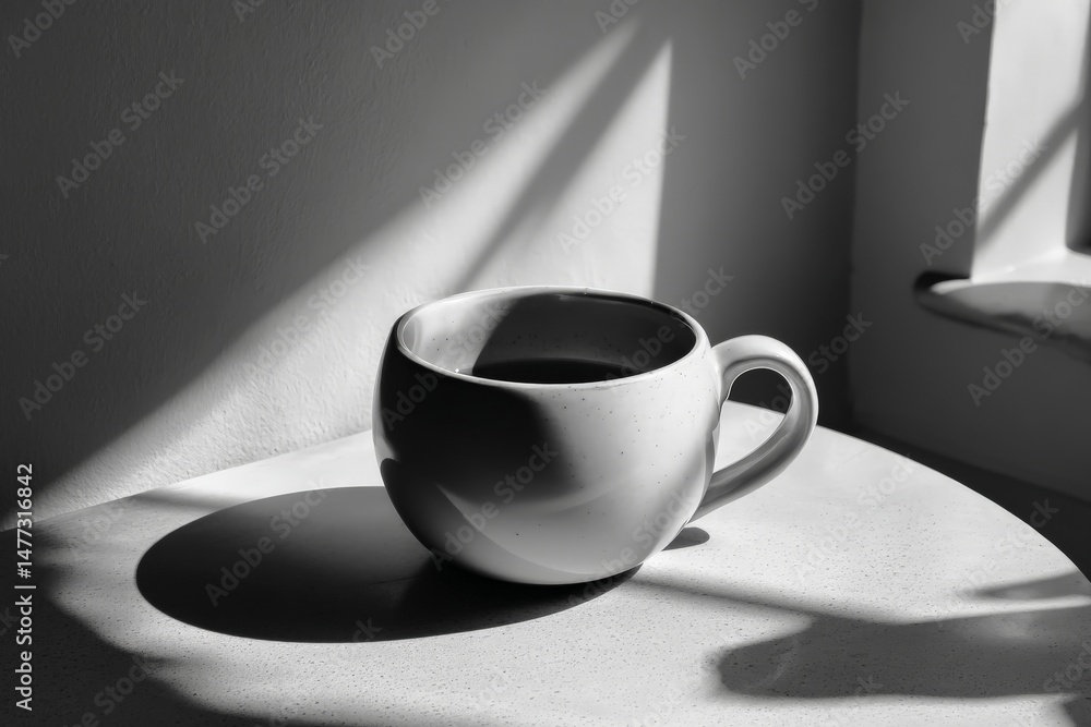 Poster coffee cup casting shadows in bright morning light on a minimalistic table setting