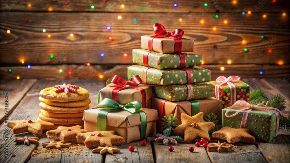 Poster a festive arrangement of wrapped gifts and star-shaped gingerbread cookies on a rustic wooden surfac