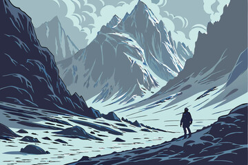 154 cinematic mountainous frozen landscape, lone figure standing in foreground, dramatic icy peaks in background, mist and fog, cold atmospheric lighting, digital art, high resolution, unreal engine