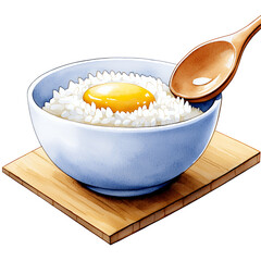 Watercolor Illustration of Rice Bowl with Egg Yolk and Wooden Spoon
