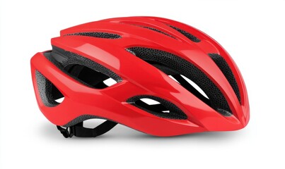 Fototapeta premium Red bicycle helmet, studio shot, safety gear, white background, cycling