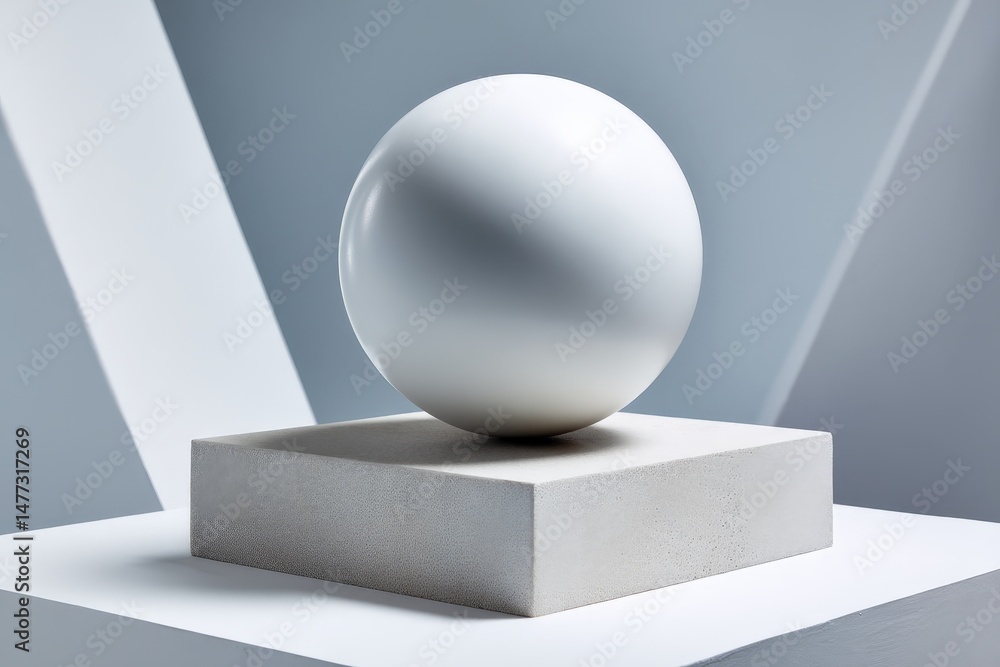 Poster modern abstract sculpture of a white sphere on a concrete pedestal in a minimalist studio setting