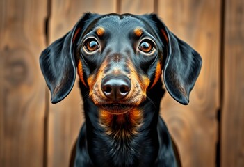 A charming black dachshund with captivating eyes gazes intently at a rustic wooden backdrop, miniature, dachshund