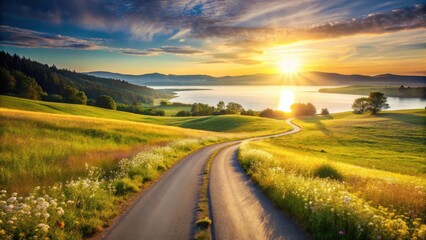 Naklejka premium A winding road leads to a tranquil lake at sunset, surrounded by vibrant wildflowers and rolling hills bathed in the golden light of evening