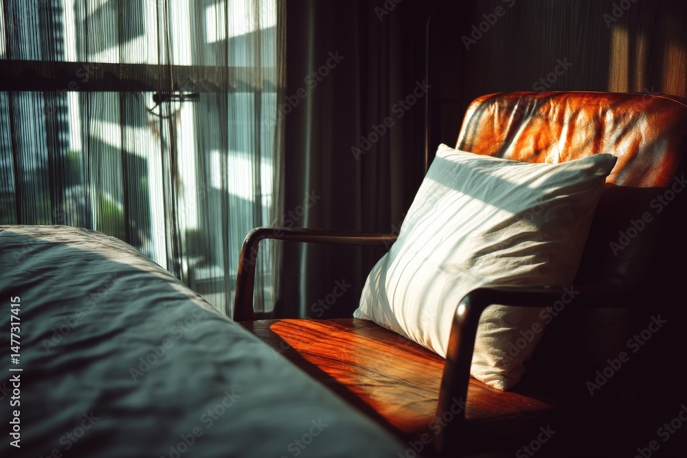 Poster cozy chair with sunlight streaming in through sheer curtains in a modern room setting