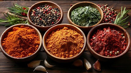 Aromatic Spices Collection: Turmeric, Paprika, Curry Powder, Herbs and Peppercorns in Wooden Bowls