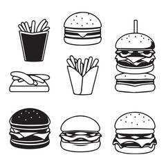 Black and White Fast Food Icons Isolated on Transparent PNG Background Ideal for Food Menu Designs or Restaurant Branding