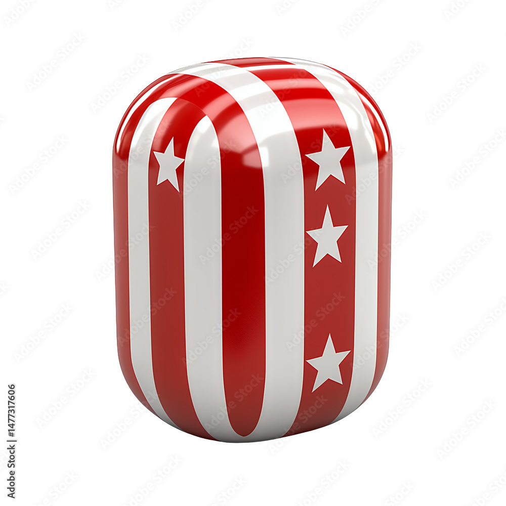 Poster red and white striped cylindrical object with white stars, isolated on transparent background. gloss
