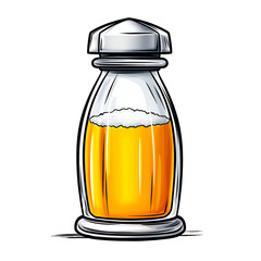 Illustration of a glass salt shaker filled with a yellow liquid, possibly beer or a similar beverage, with a foamy top. The shaker has a silver top and base, against a transparent background.