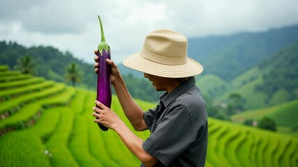 Filipino farmer holds eggplant with pride while showcasing agricultural beauty in tranquil rice field