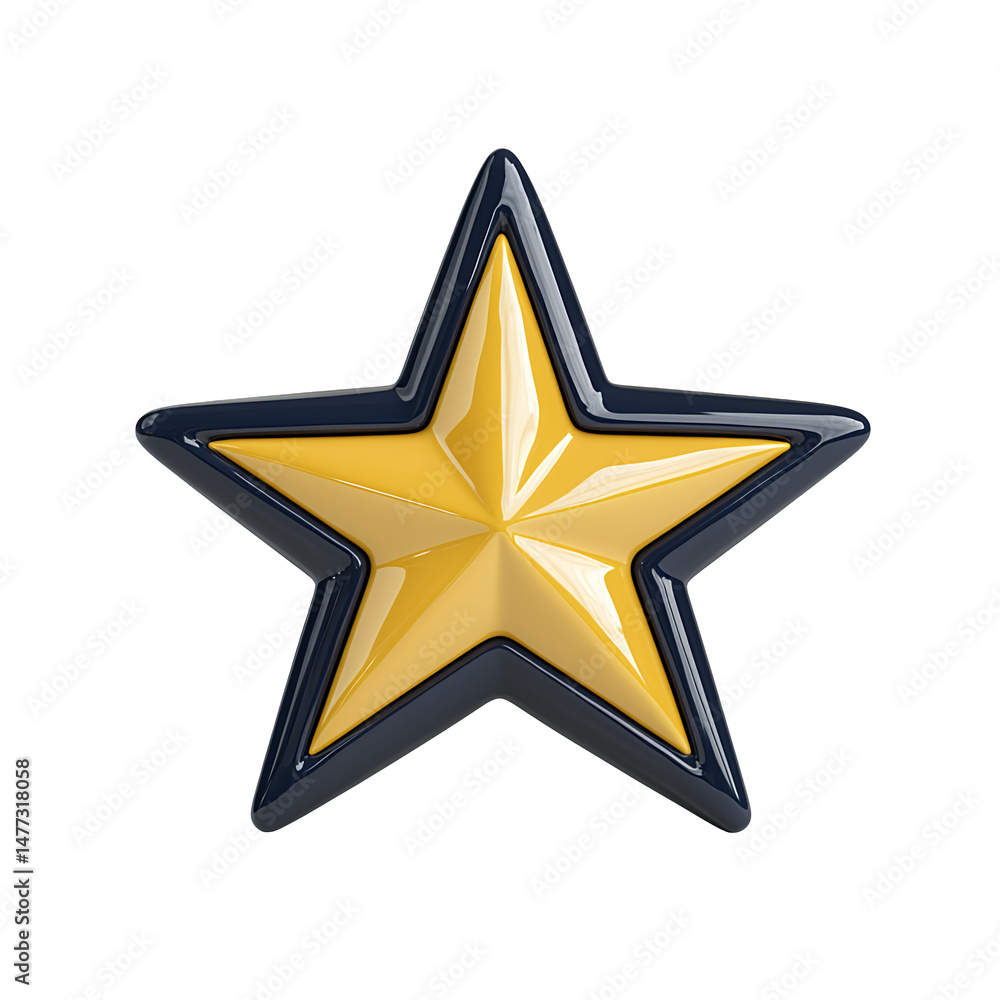 Poster gold and navy blue five pointed star on transparent background. 3d rendering of a shiny star with a 