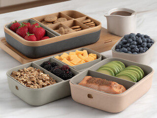 a medium shot of a clean and well-organized kitchen island with colorful ingredients laid out for cooking a healthy meal.
